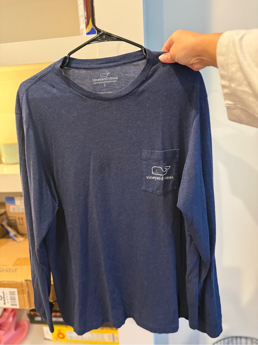 Vineyard Vines Navy Long-Sleeve Pocket Tee with Whale Logo